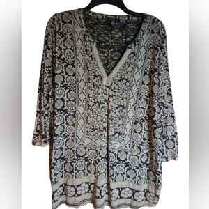 Lucky Brand Bohemian Black and Cream Tunic Top Size 1X Office Event Party Work